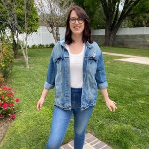 Distressed medium blue jean jacket